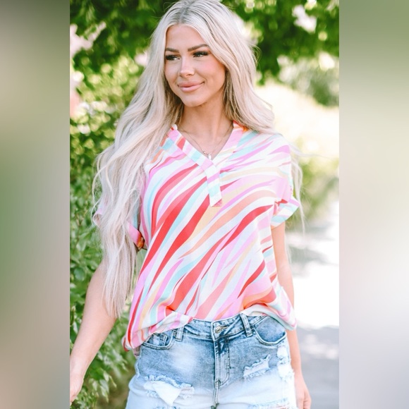 Blush Pink Color Block V-Neck Half Sleeve Blouse - Picture 2 of 8